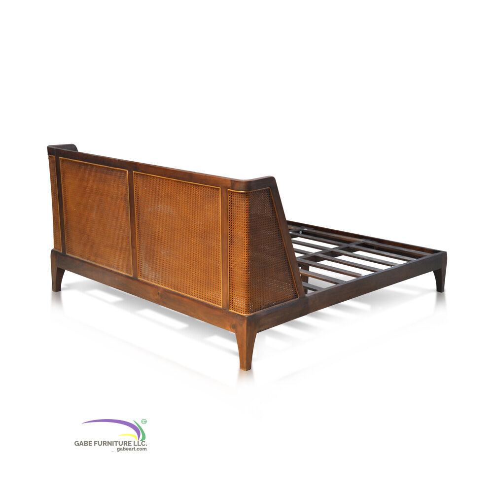 Bed Oblique Headboard In Teak Mattress Size 180x200 With Rattan Weaving B