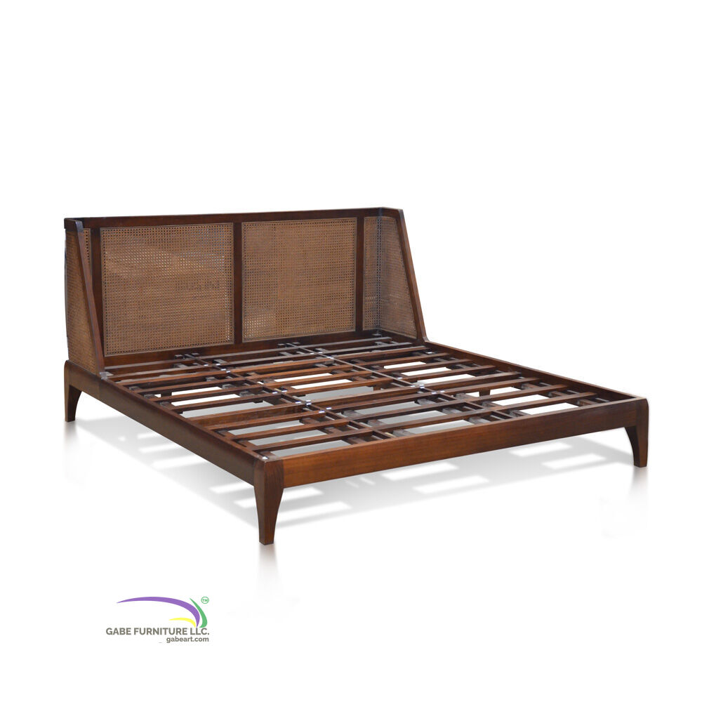 Bed Oblique Headboard In Teak Mattress Size 180x200 With Rattan Weaving E