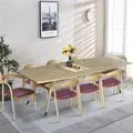 Rounded rectangular teak dining table set with eight dining chairs icon