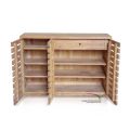 Shoe Storage Cabinet- Premium Teak Slats 3 Doors Opened shows a drawer and 5 wooden shelves