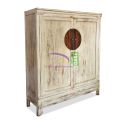 Oriental style wardrobe cabinet distressed paint finish detail on the paneled side