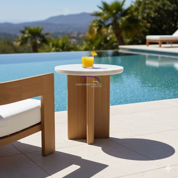 Aurelia Round Side Table – Teak & Traventine
