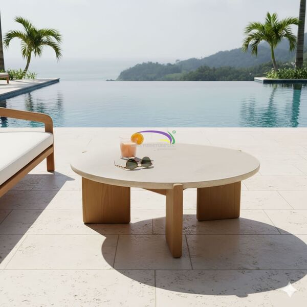 Coastal Round Coffee Table With Travertine Top