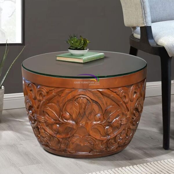 Hand-carved Monkey Pod Round Side Table With Glass Top