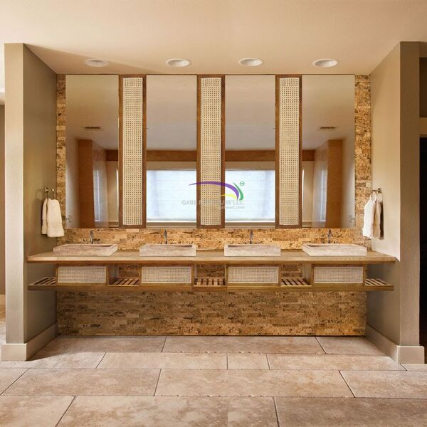 Multi-sink Vanity Cabinet With Mirror & Rattan Panel