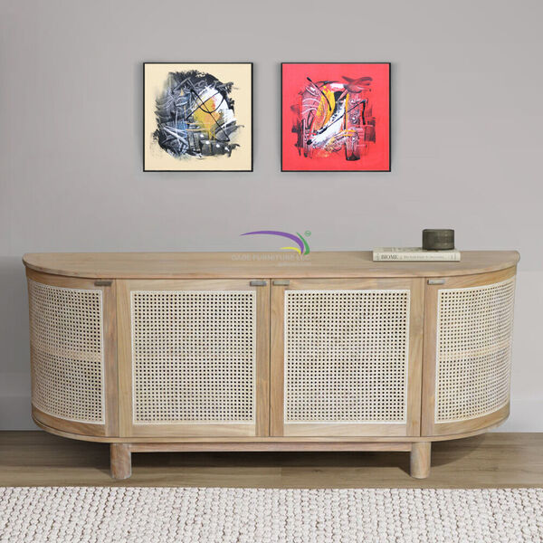 Sideboard In Teak With Rattan - High 79cm