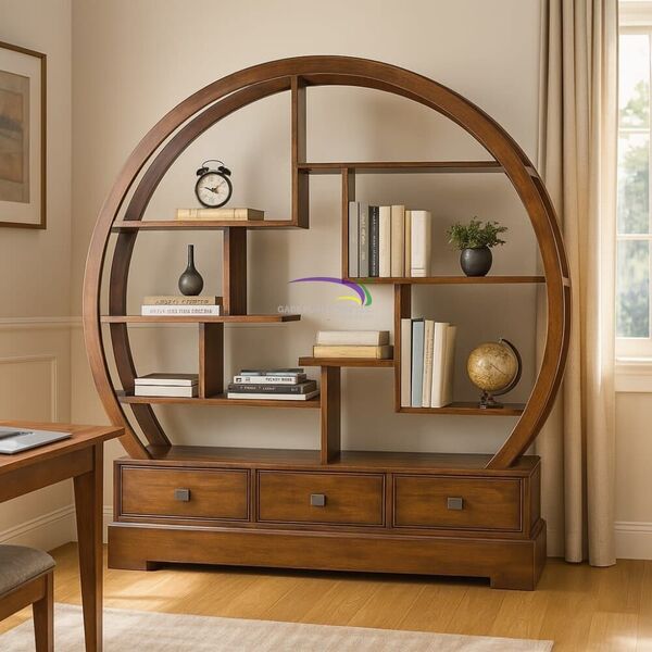 Solid Mahogany Round Book Rack With Drawers