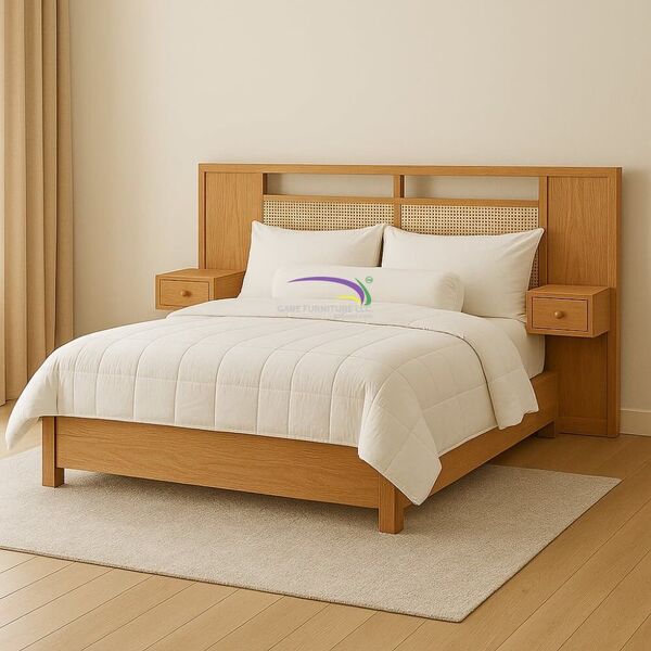Teak Rattan Bed With Floating Nightstands