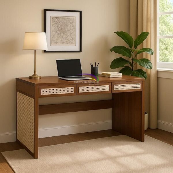 Teak Writing Desk With Rattan Drawer Fronts Desk