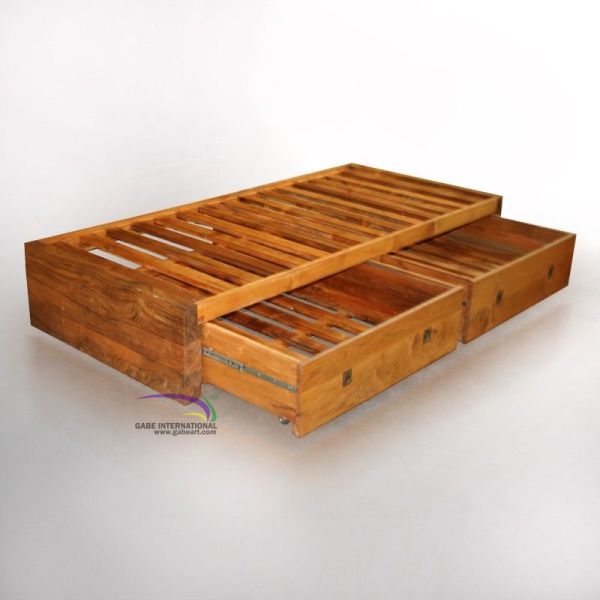 Teak wood bed frame - Slats base trundle 2 Drawers