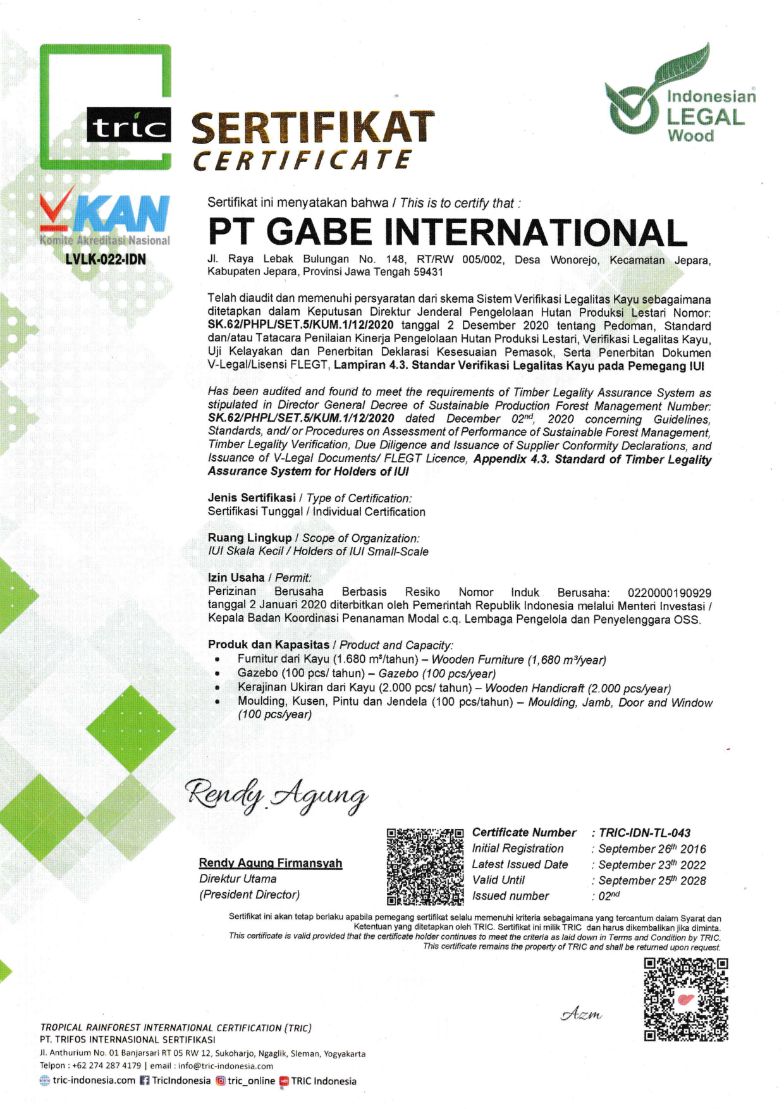 SVLK Timber legality assurance anf verifivation certified to Gabe International